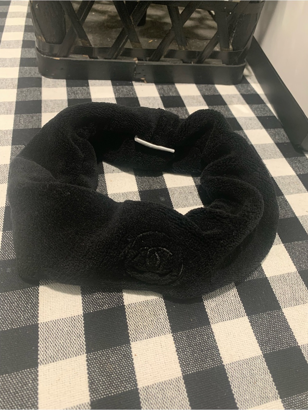 CHANEL Black Logo-Embroidered Fleece Neck Wrap